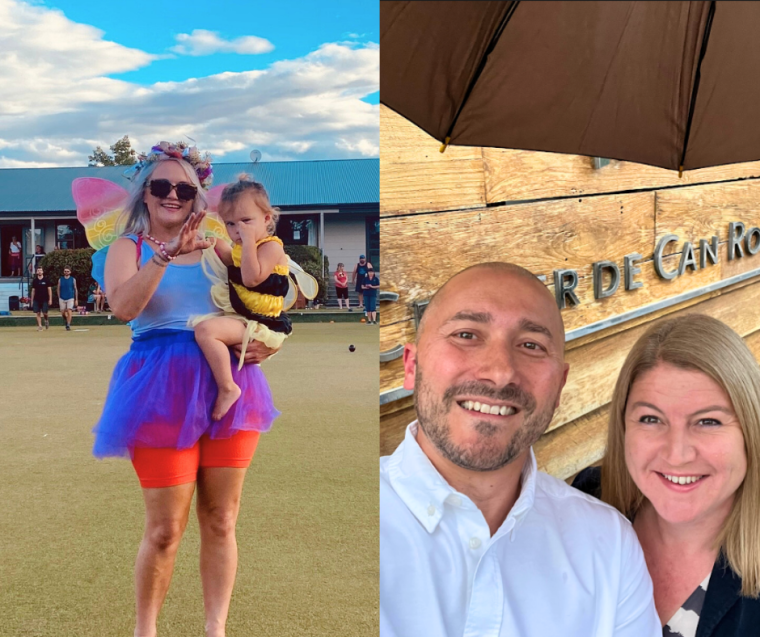 A selfie of Julia & Damien Donovan and a photo of Jaime Borsboom in colourful costume holding her child dressed as a bee.