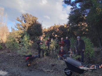 Volunteers, including much loved and handsome dog Strummer, stood together at the planted site they maintain along the shores of Lake Wanaka