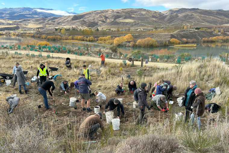 volunteers at a planting site with the river in the background