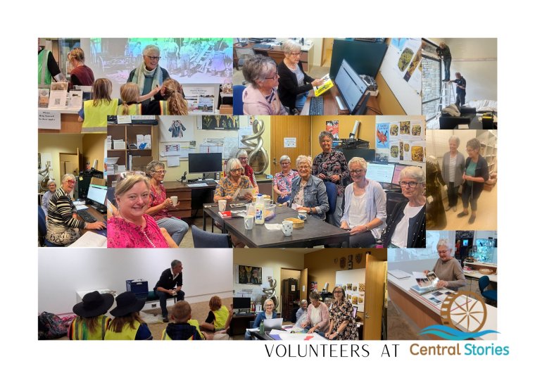 Collage of photos of volunteers, some smiling at the camera, some in action at Central Stories Museum and Art Gallery, framed by a white boarder with text saying VOLUNTEERS AT Central Stories