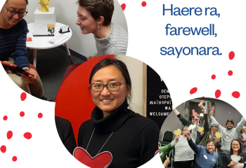 Montage featuring a portrait of Hagino, pictures of her at work and celebrating with a group